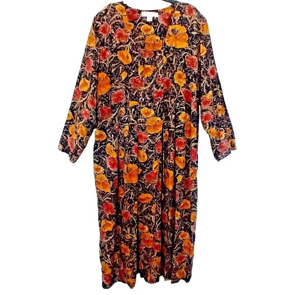 Kathryn Deene New York Midi Dress Long Sleeve Floral Pockets Rayon VTG - Size 24 - Picture 1 of 9